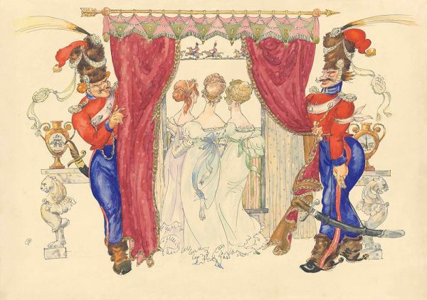 Эскиз к театральной постановке Казаки войска М.И. Платова в Париже : Три девушки у окошка.