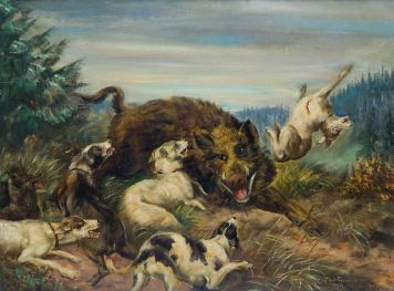 Пейзаж охоты, бой кабана с пятью собаками.