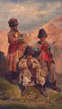 Музыканты на фоне Кавказских гор.