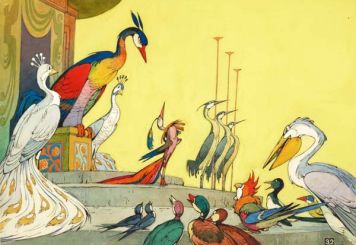 Четыре иллюстрации к сказке «Почему птица Улинцзы осталась без перьев».