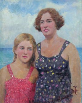 Портрет жены и дочери на фоне моря.