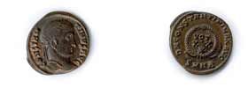 Константин I, Великий. 307-337 гг. н.э. Средний фоллис, медь. л.с. CONSTANTINVS AVG. Голова Константина в лавровом венке вправо. о.с. DN CONSTANTINI MAX AVG. В лавровом венке: VOTXX. Внизу SMNA. Вес: 2,8 гр. Состояние: XF/XF