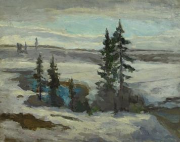 Зимний пейзаж с речкой и ёлками.