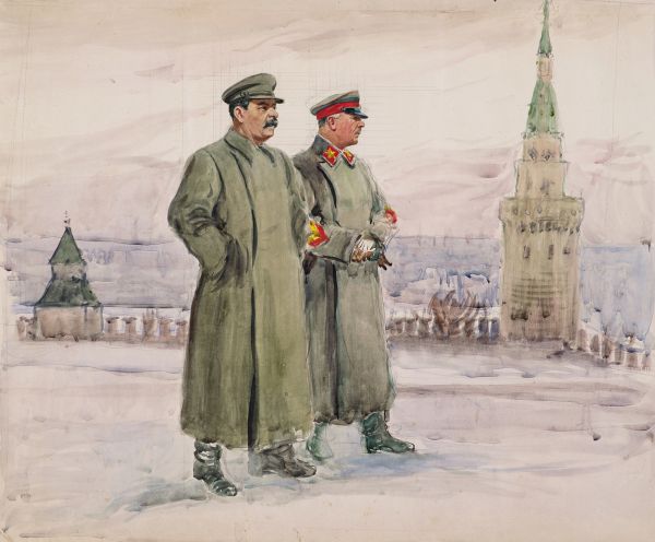 И.В. Сталин и К.Е. Ворошилов на прогулке в Кремле. Эскиз и архивные материалы.
