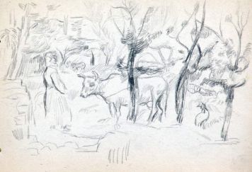 Крестьянка с коровой. На обороте: Фигура меж деревьев.