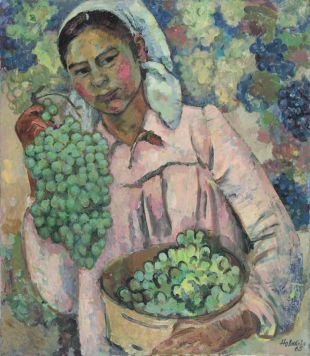 Девушка собирающая виноград.