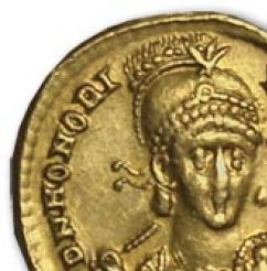 Рим. Георгий. 393-423 н.э.Солид, золото.Л.С: DN HONORIVS PF AVG.Бюст императора в доспехах