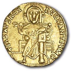 Byzantium. Basil I the Macedonian. 867-886 AD. Solid, gold. Faceplate: HIS XPS REX REGNANTIUM. Christ on the throne, full face. OS: BASILIUS ET CONSTANT AUGG L. Basil I and his son Constantine (right) full face, between them the patriarchal cross. Weight - 4.3 g. VF+ status