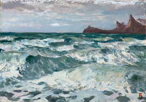 Sea with mountains in the distance.