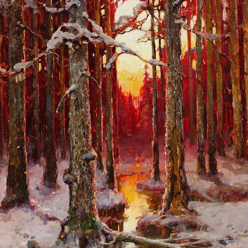 Закат в зимнем лесу.	