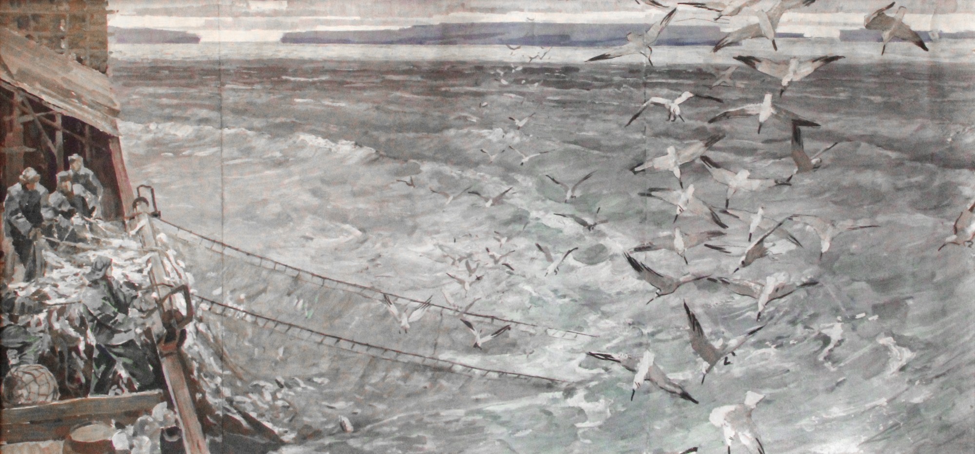 Картина Снопов В.И. Рыбаки. Начало 1960-х гг. Гуашь, бумага.