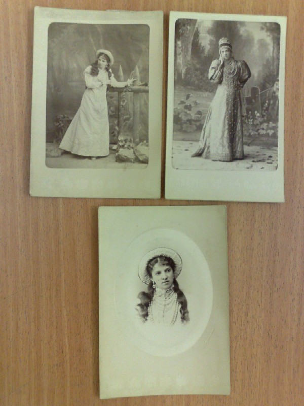 3 photos of Savina Maria Gavrilovna. 1 photo - Photographer of His Imperial Highness V.K. Vladimir Aleksandrovich, Her Imperial Highness V.K. Maria Pavlovna and the Imperial Academy of Arts K. Shapiro. 2 photographs - workshop of the court photographer, photographer of the Imperial Theaters Ch.B