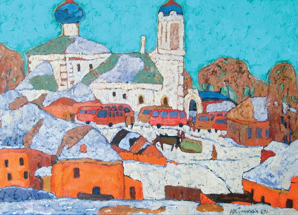 Winter landscape with buses.