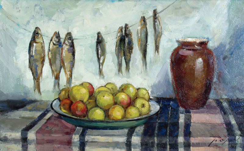 Still life with roach and apples.