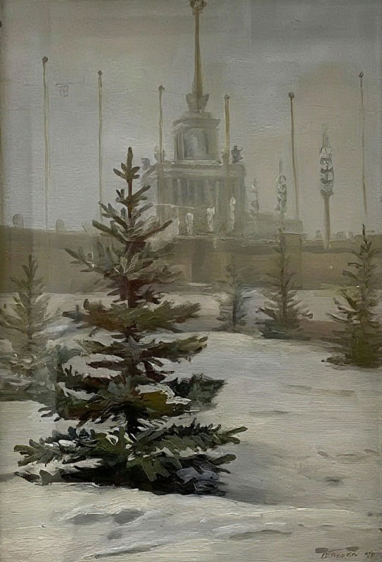 Картина Полей В.В. ВДНХ. Главный павильон. 1957 г. Картон, масло.