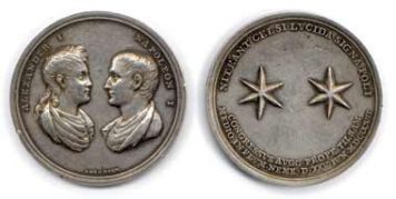 Medal in memory of the Peace of Tilsit. Engraver Abramson. St. Petersburg Mint. Beginning of the 19th century Diameter: 52 mm. Silver. Weight: 27.7 g.