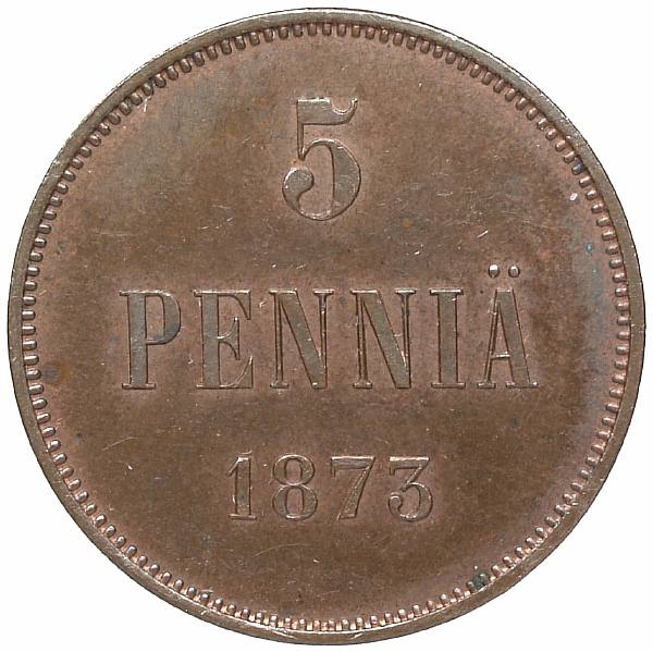 1873 Five pennies. Copper. Weight 6.4 g. Uzdenikov No. 4699. Condition PROOF. Excellent patina. Very rare in this condition.