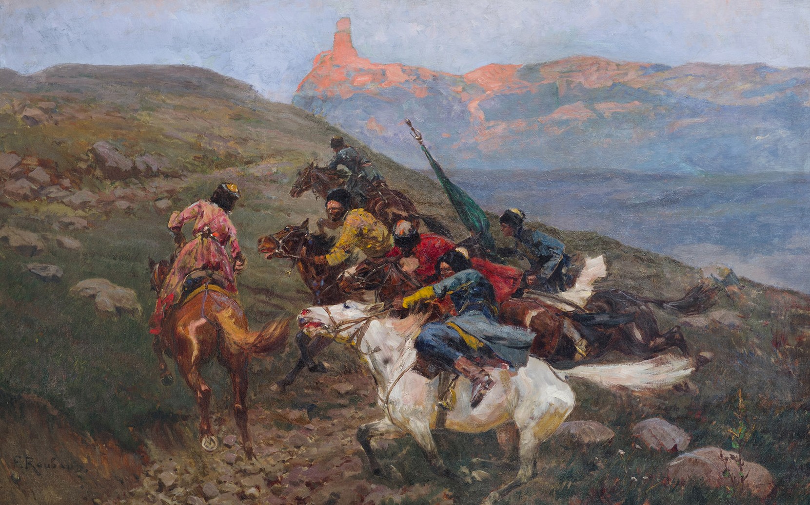 Painting Rubo F.A. In the Caucasus Mountains: A Detachment of Circassian Horsemen.  1910s–early 1920s. Oil on canvas.