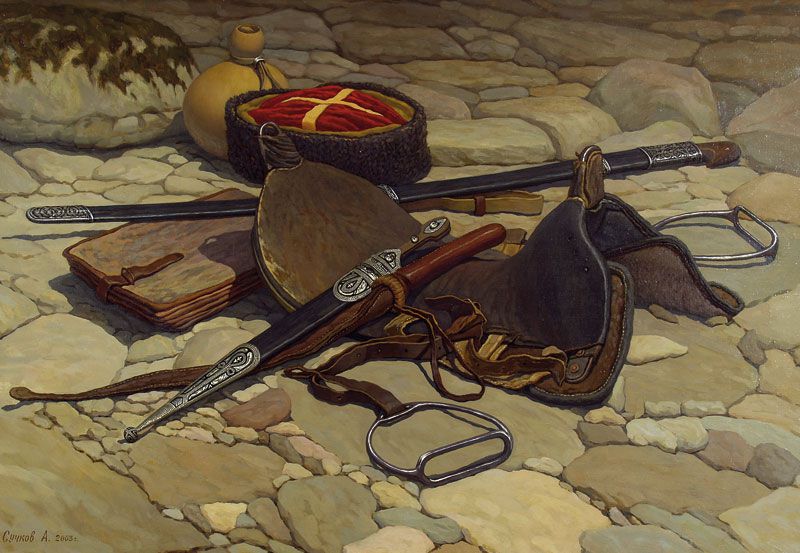 Still life with a saddle and a dagger, a saber.