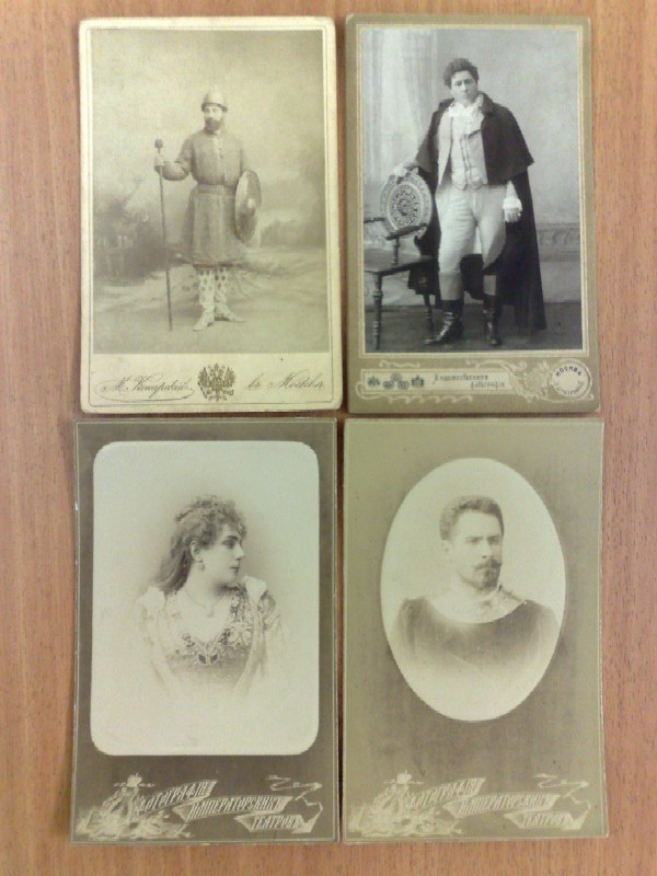 4 cabinet photographs of famous Russian opera singers - Mravina E.K., Figner N.N., Khokhlov P.A., Borisenko. 2 photographs of the Imperial Theaters in the building of the Marinsky Theater, photograph of M. Konarsky in Moscow, art photography in Moscow.