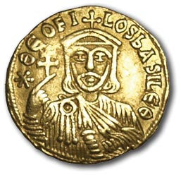 Byzantium. Theophilus. 829-842 AD Solid, gold. Faceplate: ?EOFILOS BASILEO. Bust of Theophilus full face, in hand the patriarchal cross. OS: +MIXAHL S CONSTANTIN. Michael II (father of Theophilus) and Constantine (son of Theophilus) full face. Weight - 4.4 gr. VF+ status