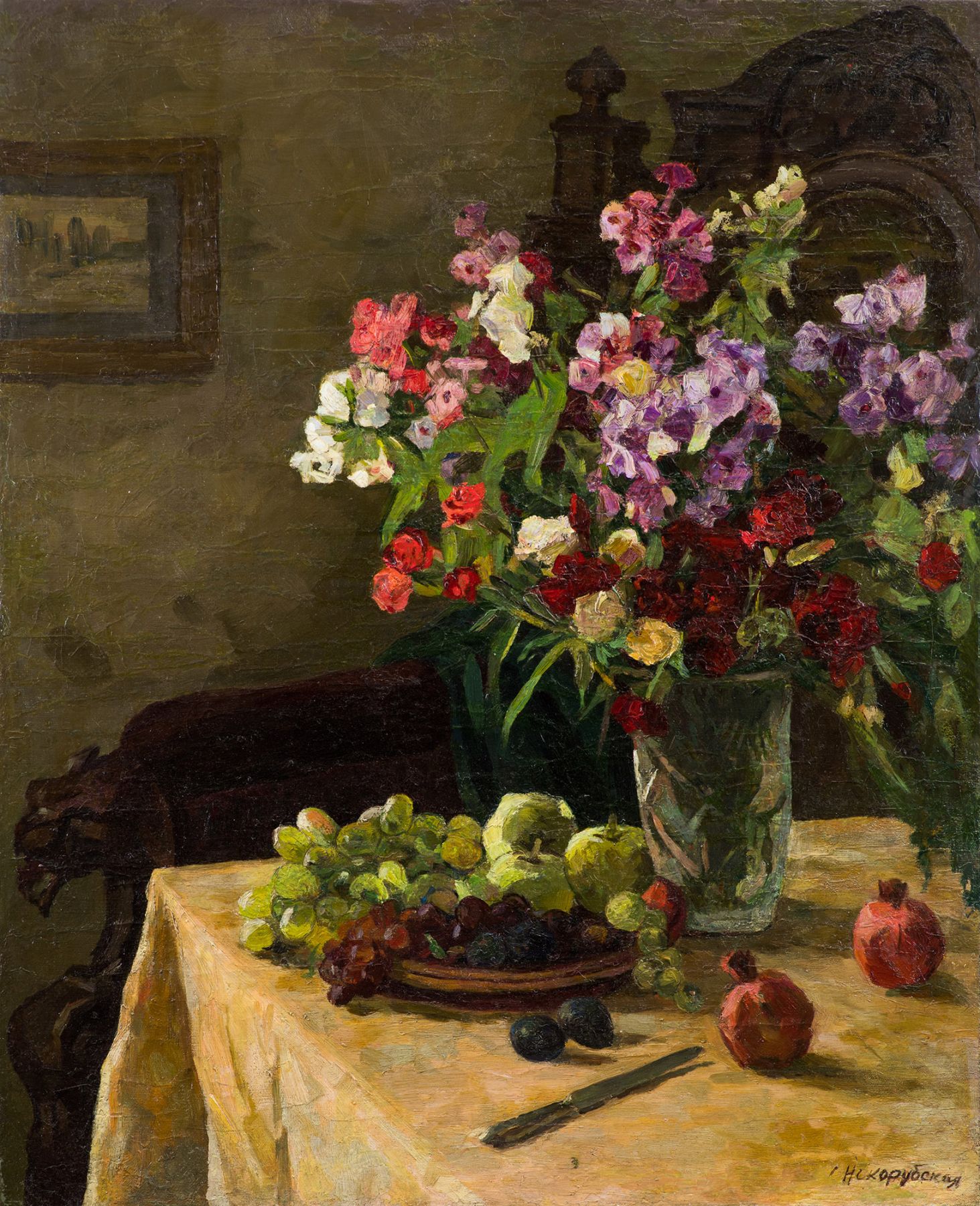 Flowers and fruits on the table.