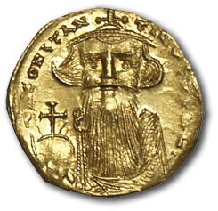 Byzantium. Constance II. Solid, gold. Face: DN CONSTANTINUS PPAV. Bust of Constant II full face. OS: VIKTORIA AVG B/ CONOB. Cross standing on a three-step base. Weight - 4.5 g. State VF-