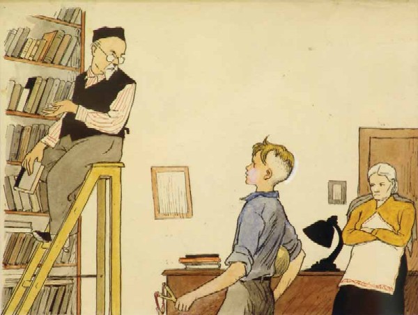 By the bookcase. Ill. for the magazine "Peretz", No. 9, 1949