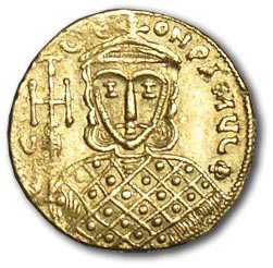 Byzantium. Constantine V Copronymus. 741-775 AD. Solid, gold. Face: CONSTANTINOS S LEON O NEOS. Busts of Constantine V (with a short beard) and Leo IV (his son) frontal. OS: G LEON PA MUL?. Bust of Leo III (father of Constantine V) frontal. Weight - 4.5 g. VF+ status