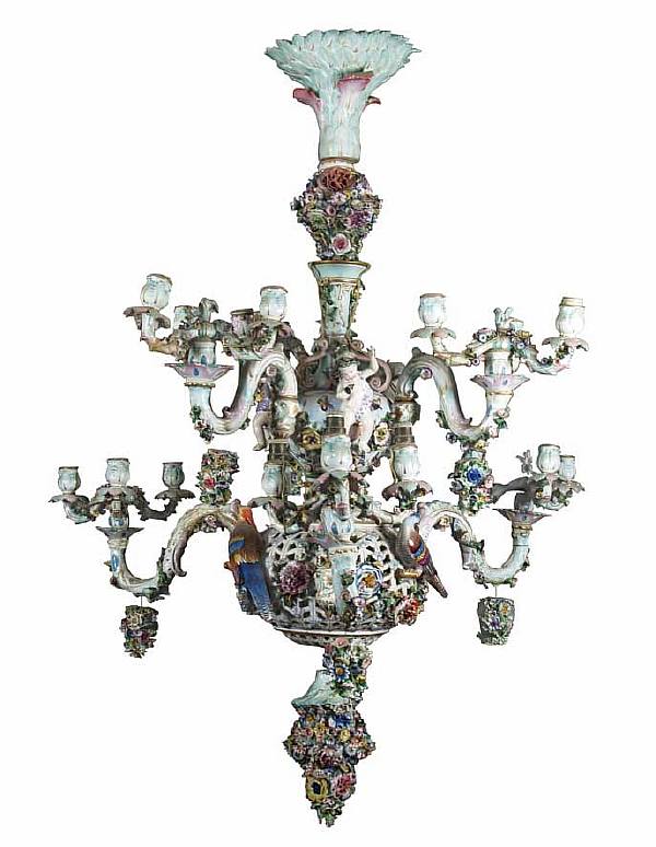Germany, Meissen, Royal Porcelain Manufactory. A set of seven interior items: a chandelier with eighteen arms, paired wall mirrors, flowerpots and sconces.