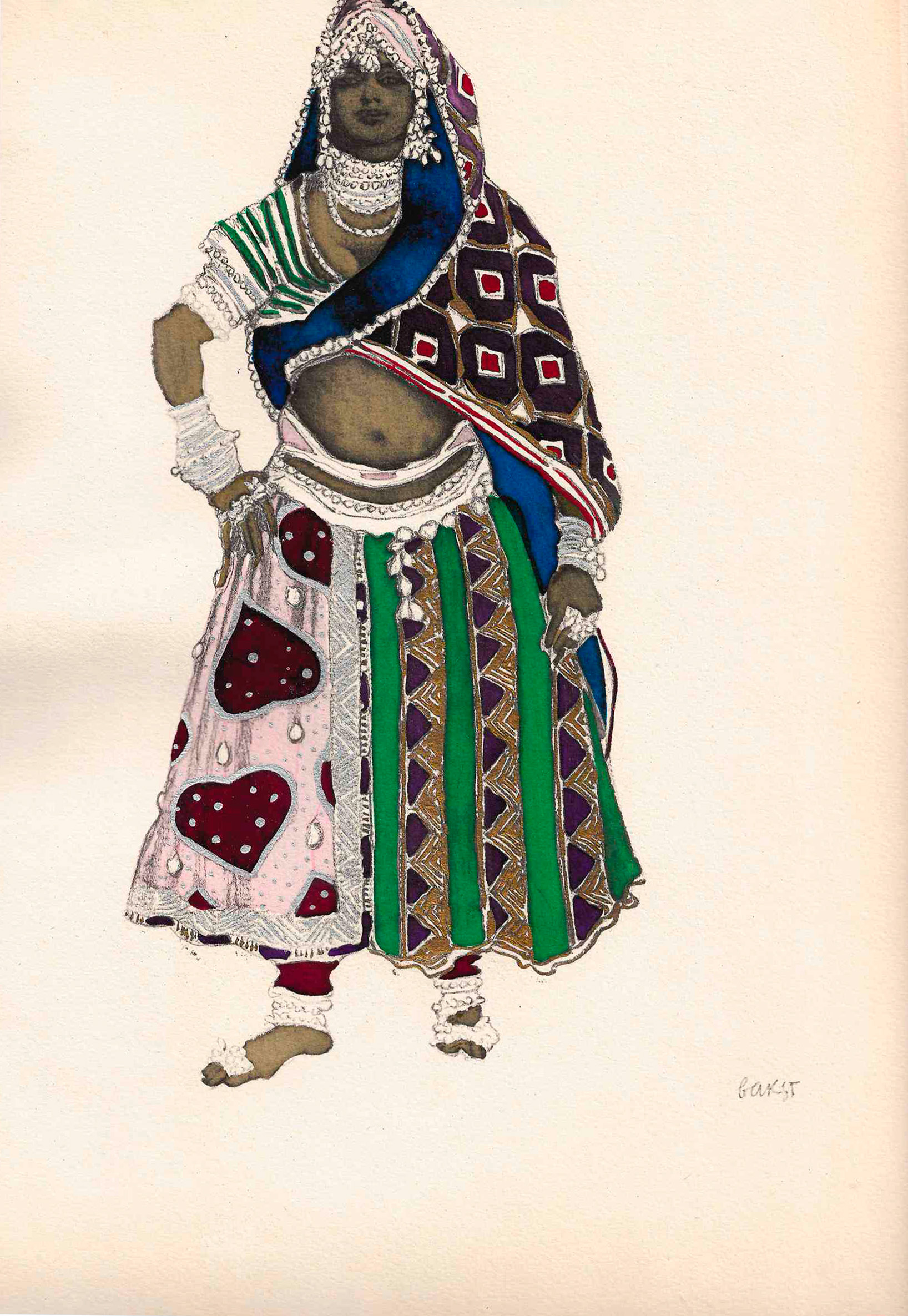 Картина Бакст Л.С. Эскиз костюма к балету «Голубой Бог». 1922 г. Бумага, пошуар.