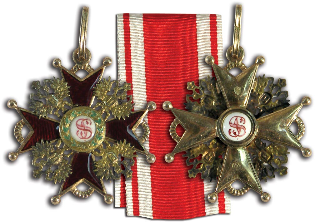 Faleristics. Badge of the Order of St. Stanislaus, III degree. Last quarter of the 19th century. Workshop: “Keibel”. Gold, enamel. Stamps: on the ear St. Petersburg hallmark 56. On the arms “AK”, double-headed eagle. Size: 40.5 mm. Weight: 10.35 g. with a ring. The sign ribbon is a remake.