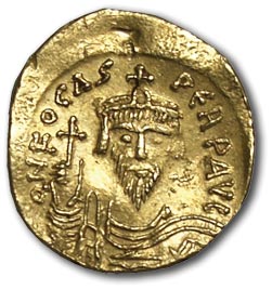 Byzantium. Foka. 602-610 AD. Solid, gold. Face: ON FOCAS PERP AVG. Bust wearing a full face crown, holding an orb. OS: VICTORIA AVGG ?/ CONOB. Victoria stands upright, holding a cross and an orb. Weight: 4.4 g. VF+ status