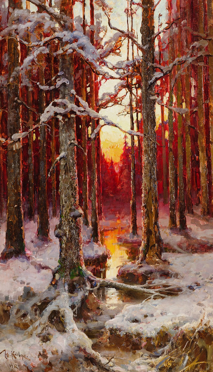 Sunset in a Winter Forest.