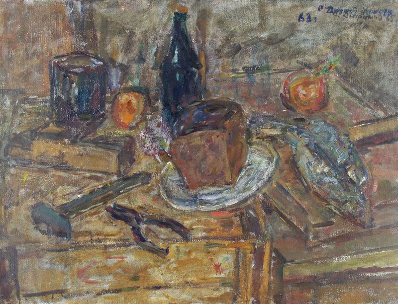 Still life with tools and bread.