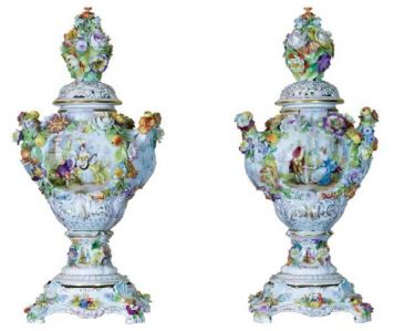 Vases in pairs with lids, decorated with flowers, fruits and images of gallant scenes.