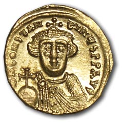 Byzantium. Constance II. 641-668 AD. Solid, gold. Face: DN KONSTANTINYS PP/AVG. Bust of Constance, full face. OS: VICTORIA AVGY/S/CONOB. Cross on a three-step base. Weight - 4.3 g. XF condition
