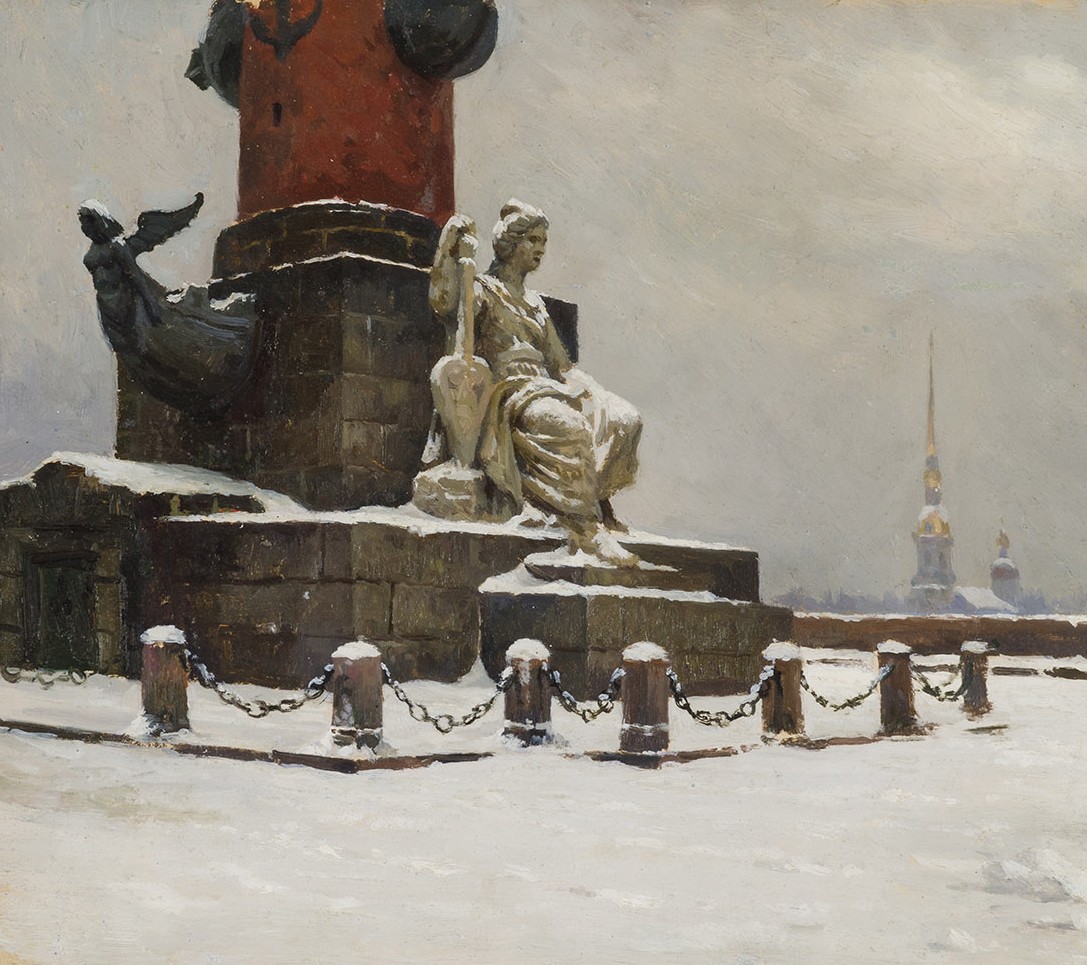 Картина Щербаков Б.В. У Ростральной колонны. 1949 г. Картон, масло.