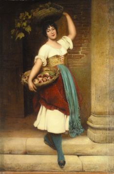 Girl with a basket of peaches.
