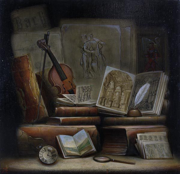 Still life with violin and books.