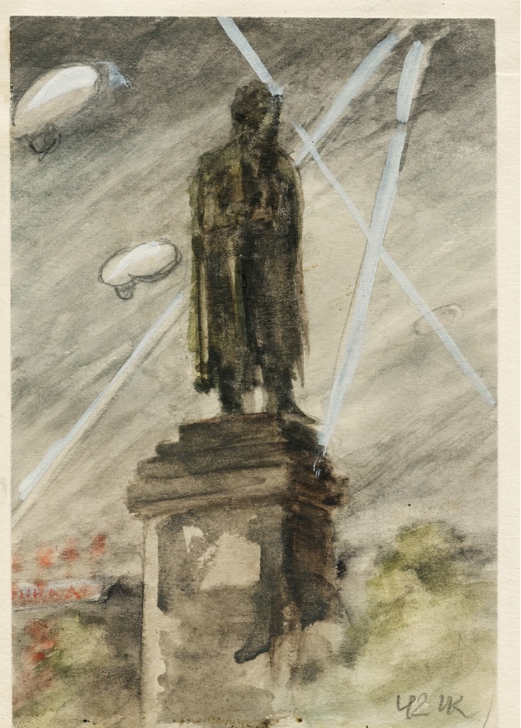 Monument to Pushkin. Barrage balloons protecting the Moscow sky.